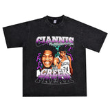 Basket Ball Star T Shirt Washed Distressed Printed T-Shirt Short Sleeve Loose Retro Cotton