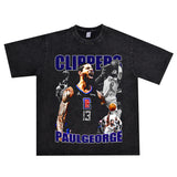 Basket Ball Star T Shirt Basketball Paul George Washed Distressed Printed T-Shirt Vintage Cotton Short Sleeve