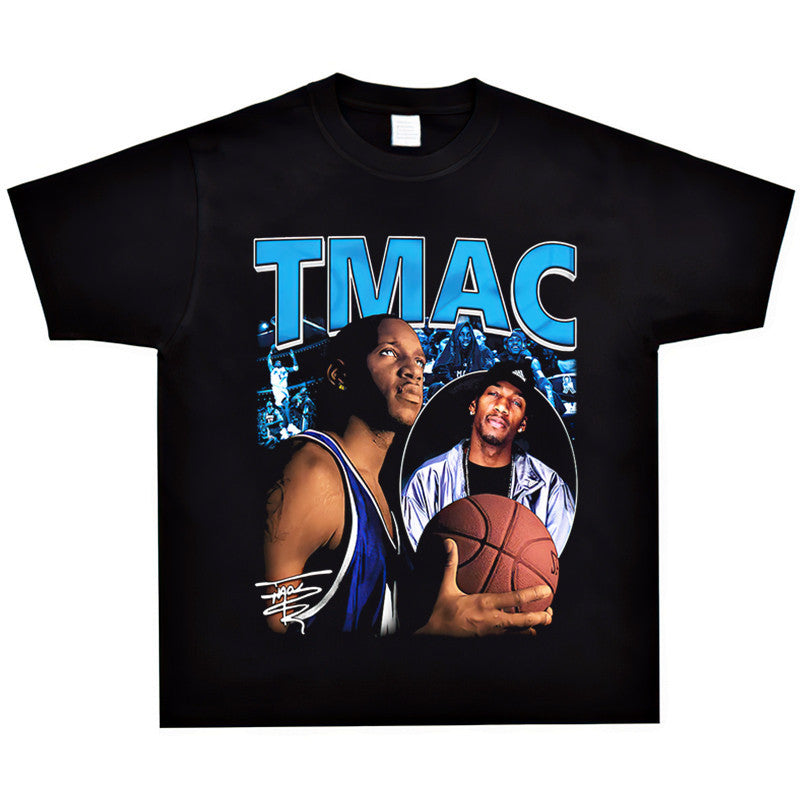 Basket Ball Star T Shirt Washed Distressed Printed T-shirt Short Sleeve Loose Retro Cotton