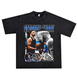 Basket Ball Star T Shirt Basketball Stephen Curry Washed Distressed Printed T-Shirt Short Sleeve Retro Pure Cotton