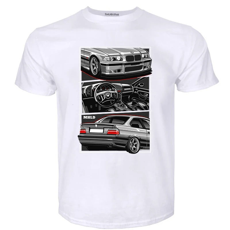 Crew neck T-shirt, sports car print short sleeves