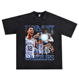 Basket Ball Star T Shirt Basketball Ja Morant Printed Washed Distressed T-Shirt Cotton Short Sleeve Loose