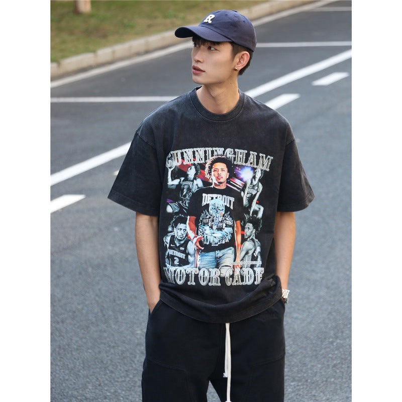 Basket Ball Star T Shirt Cade Cunningham Washed Distressed Printed T-shirt Short Sleeve Loose Wide