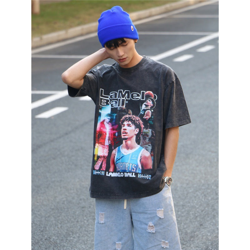 Basket Ball Star T Shirt Washed Distressed Lamelo Ball Printed Short Sleeve T-Shirt Vintage Pure Cotton