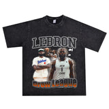Basket Ball Star T Shirt Lebron James Washed Distressed Street American T-Shirt Loose