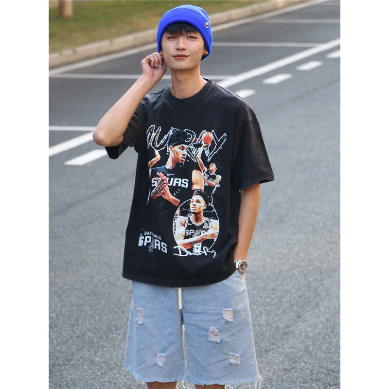 Basket Ball Star T Shirt Dejounte Murray Washed Distressed Printed T-shirt Retro Short Sleeve Cotton