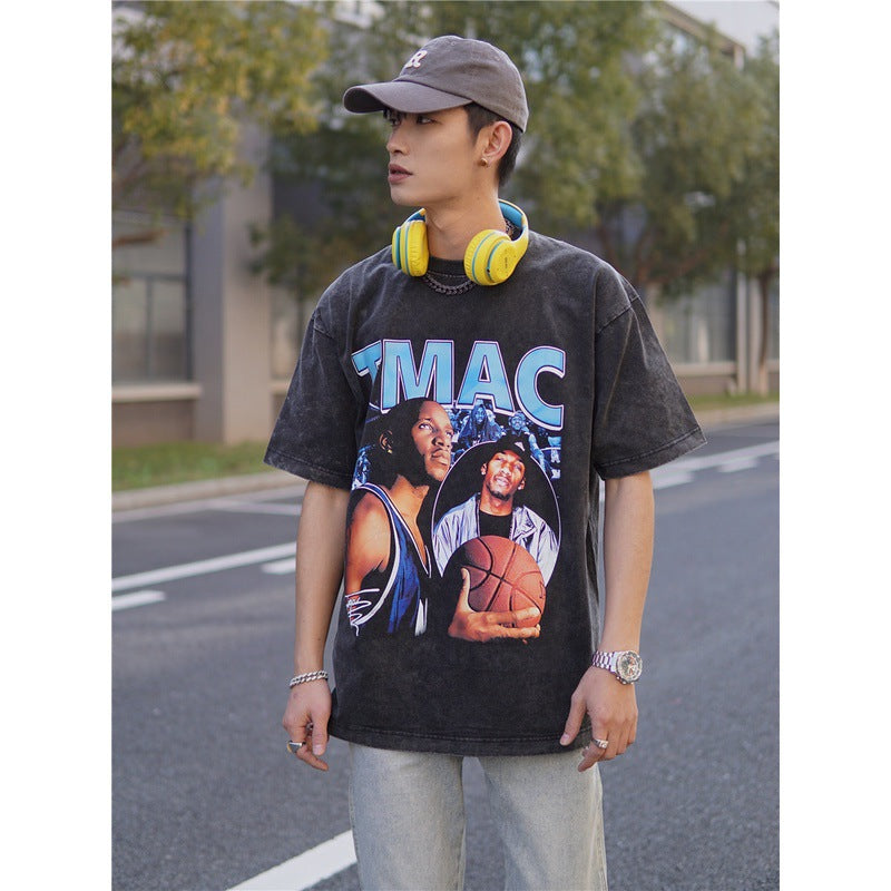 Basket Ball Star T Shirt Washed Distressed Printed T-shirt Short Sleeve Loose Retro Cotton