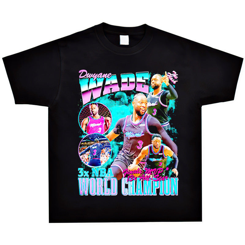 Basket Ball Star T Shirt Basketball Washed Distressed Dwyane Tyrone Wade Short Sleeve Printed T-shirt