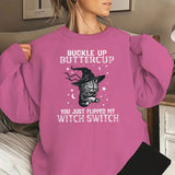 Halloween Cat Buckle Up Butter Cup Print Pullover For Women