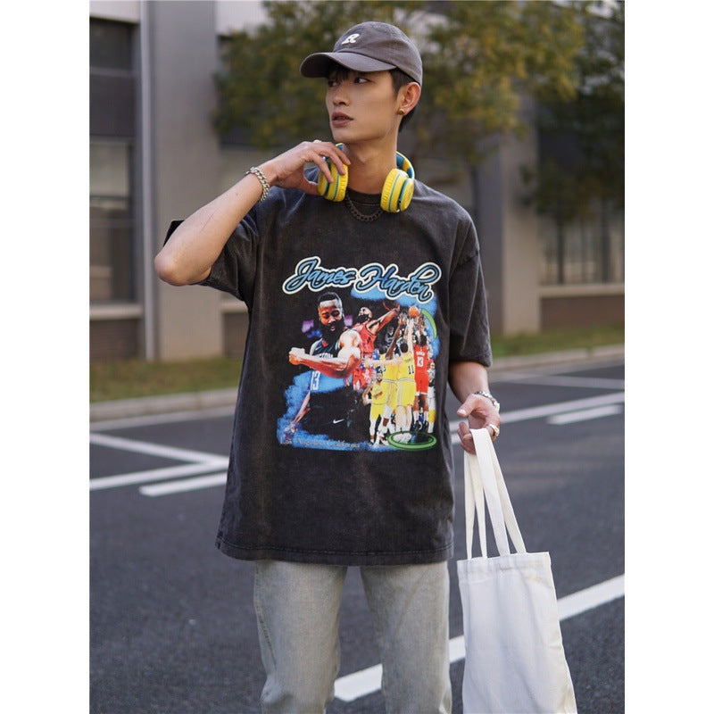 Basket Ball Star T Shirt Basketball Washed Distressed James Harden Printed T-shirt Retro Short Sleeve Cotton