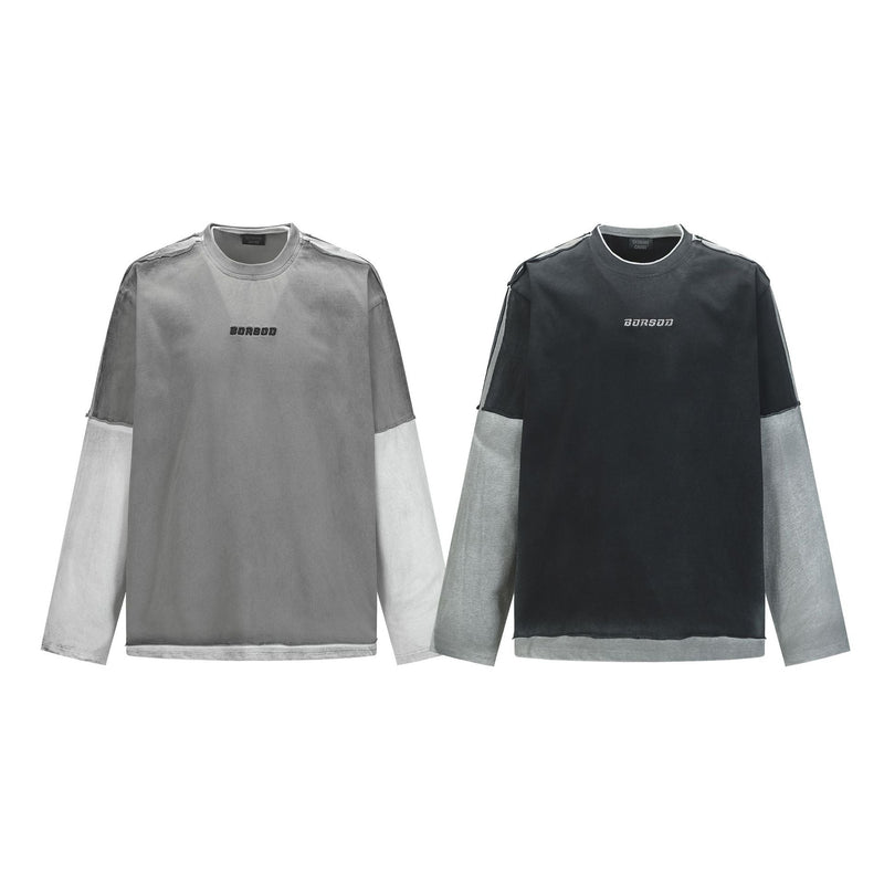 Unisex long-sleeved shirt autum color-blocked fake two-piece