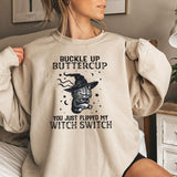 Halloween Cat Buckle Up Butter Cup Print Pullover For Women