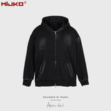 MIJKO Mens Jacket Two-way Zipper Distress Hooded Sweater