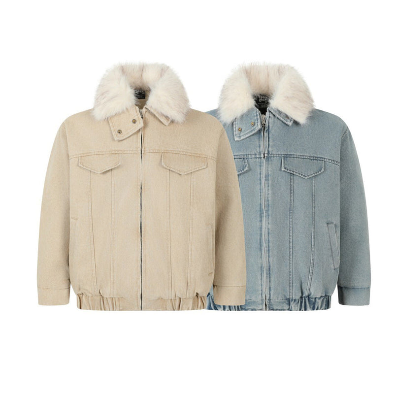 Unisex Down Jacket Men's Winter Fur Collar Denim Cotton