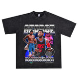 Basket Ball Star T Shirt Basketball Paul George Washed Distressed Printed T-Shirt Vintage Cotton Short Sleeve