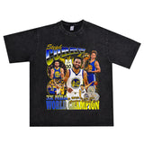 Basket Ball Star T Shirt Basketball Stephen Curry Washed Distressed Printed T-Shirt Short Sleeve Retro Pure Cotton
