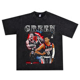 Basket Ball Star T Shirt Jalen Green Washed Distressed Printed T-Shirt Retro Short Sleeve Loose
