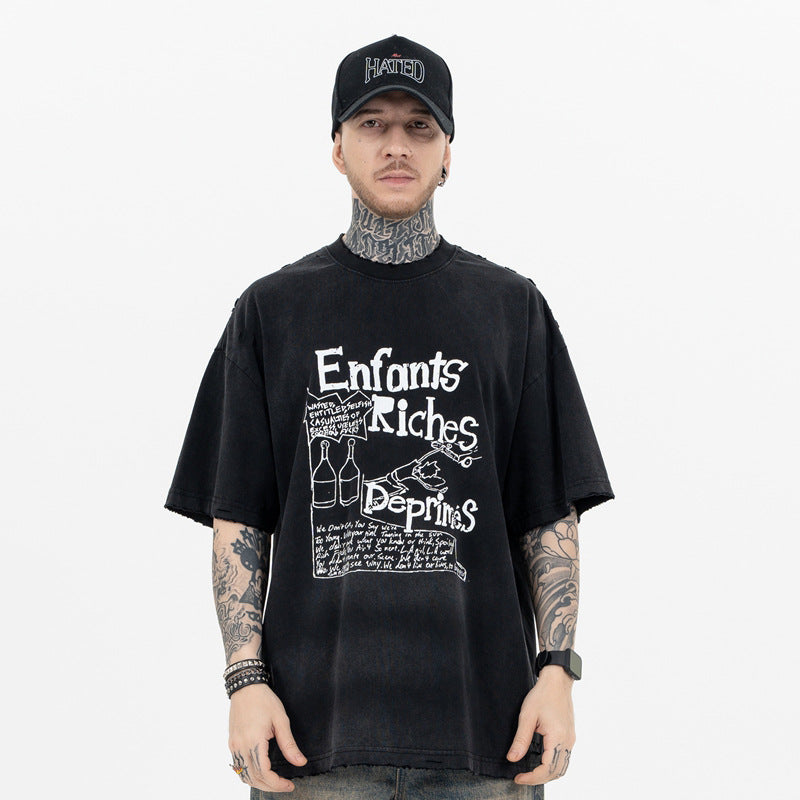 ERD T Shirts Creative Letters Ripped Washed Short Sleeve T-shirt