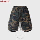 MIJKO Men Shorts Casual Pants Drawstring Splicing Camouflage Shorts