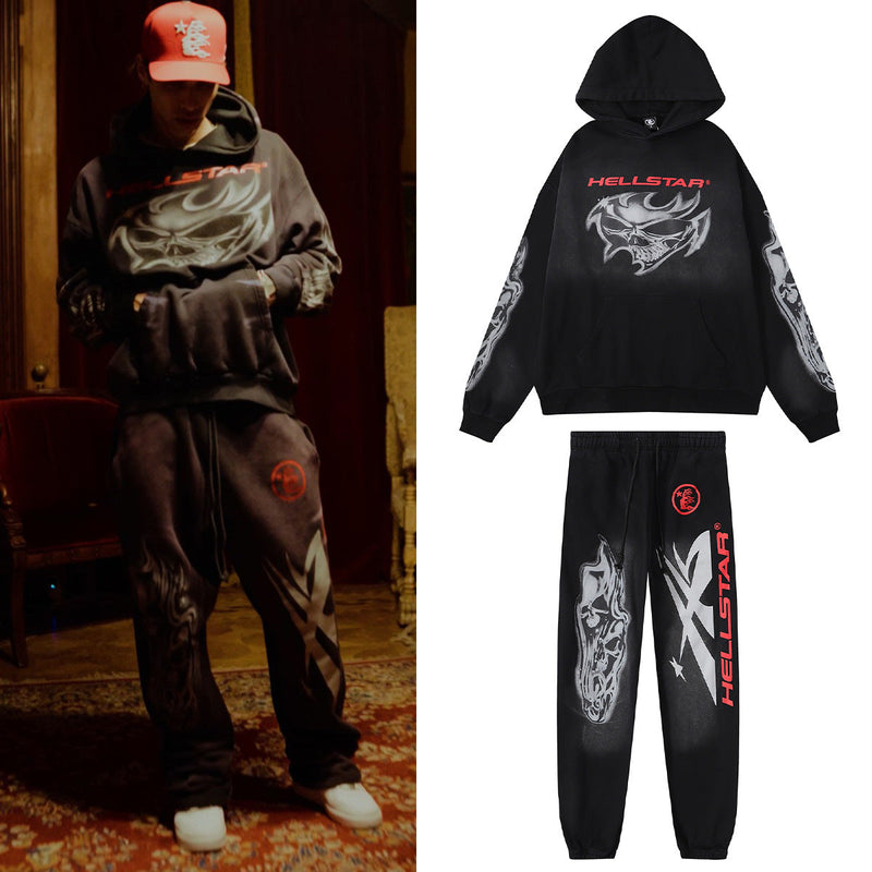 Mens trendy Hoodie & Pants autumn and winter flare black flame pants hoodie