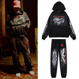 Mens trendy Hoodie & Pants autumn and winter flare black flame pants hoodie