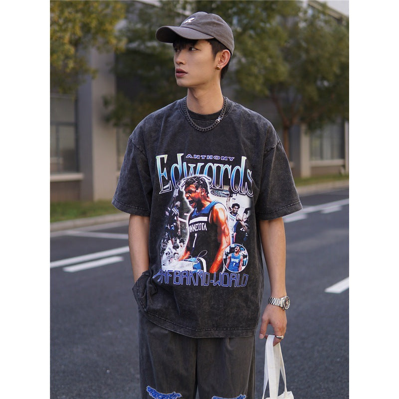Basket Ball Star T Shirt Basketball Short Sleeve Anthony Edwards Washed Distressed T-shirt Loose