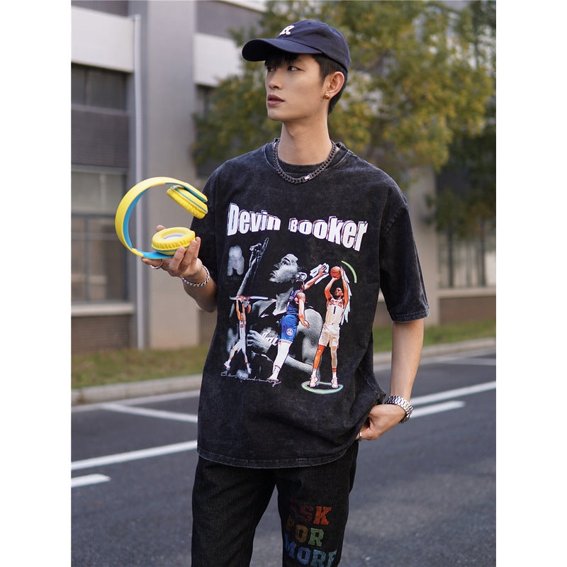 Basket Ball Star T Shirt Basketball Washed Distressed Devin Booker Short Sleeve Loose-Fitting Pure Cotton T-Shirt