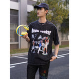 Basket Ball Star T Shirt Basketball Washed Distressed Devin Booker Short Sleeve Loose-Fitting Pure Cotton T-Shirt