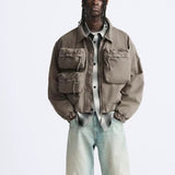 MIJKO Mens Jacket Multi Pocket Lapel Zip Mainstream Fashion Jacket