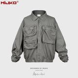 MIJKO Mens Jacket Multi Pocket Lapel Zip Mainstream Fashion Jacket