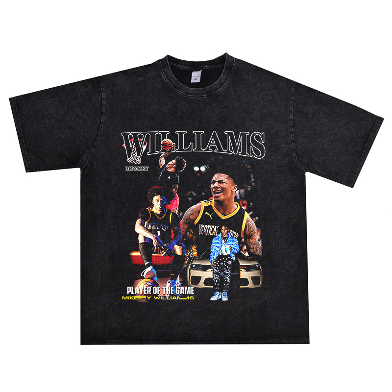 Basket Ball Star T Shirt Mikey Williams Washed Distressed T-shirt Short Sleeve Loose