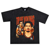 Basket Ball Star T Shirt Trae Young Washed Distressed Printed American T-shirt Loose Retro