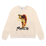 Rhude Hoodie Tiger Design HD Printed Hip Hop Men's and Women's Casual Terry round Neck Sweater