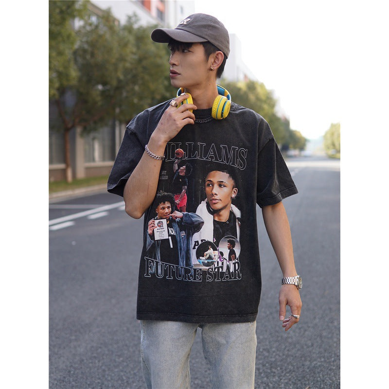 Basket Ball Star T Shirt Mikey Williams Washed Distressed T-shirt Short Sleeve Loose