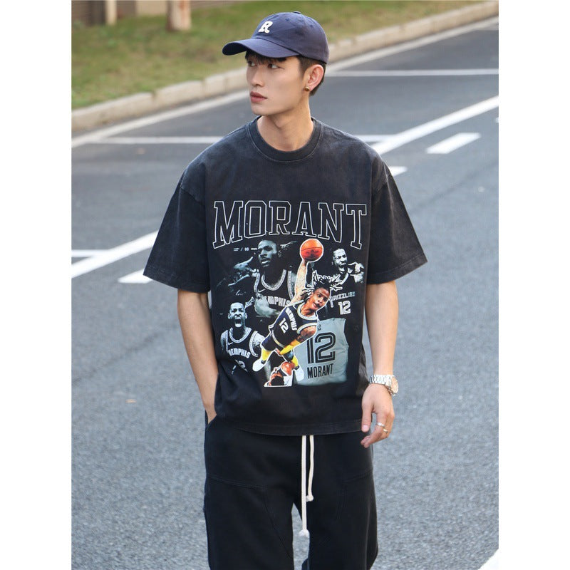 Basket Ball Star T Shirt Basketball Ja Morant Printed Washed Distressed T-Shirt Cotton Short Sleeve Loose