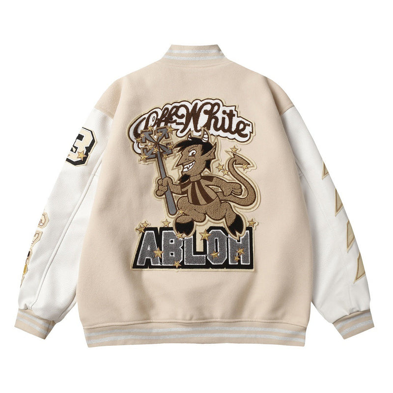 Off White Jacket Spring and Autumn OW Devil Towel Embroidered Pattern Baseball Jacket Jacket