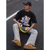 Basket Ball Star T Shirt Basketball Joel Embiid Washed Distressed T-shirt Short Sleeve Loose Retro