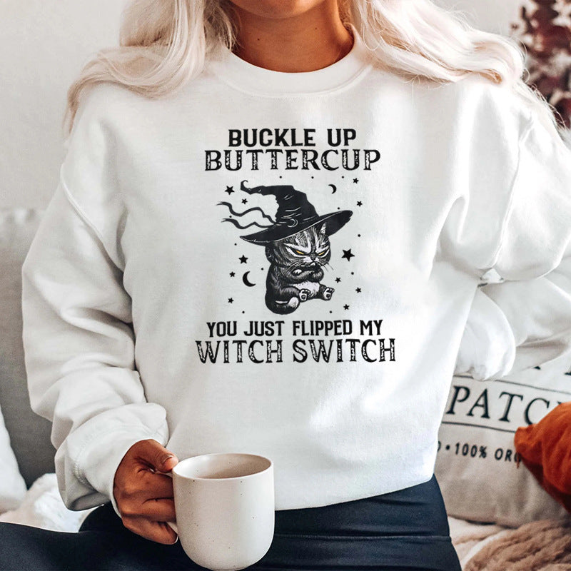 Halloween Cat Buckle Up Butter Cup Print Pullover For Women