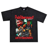 Basket Ball Star T Shirt Washed Distressed Printed T-Shirt Short Sleeve Loose Retro Cotton