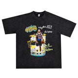 Basket Ball Star T Shirt Basketball Stephen Curry Washed Distressed Printed T-Shirt Short Sleeve Retro Pure Cotton