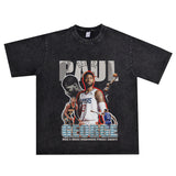 Basket Ball Star T Shirt Basketball Paul George Washed Distressed Printed T-Shirt Vintage Cotton Short Sleeve