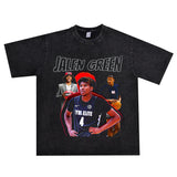 Basket Ball Star T Shirt Jalen Green Washed Distressed Printed T-Shirt Retro Short Sleeve Loose