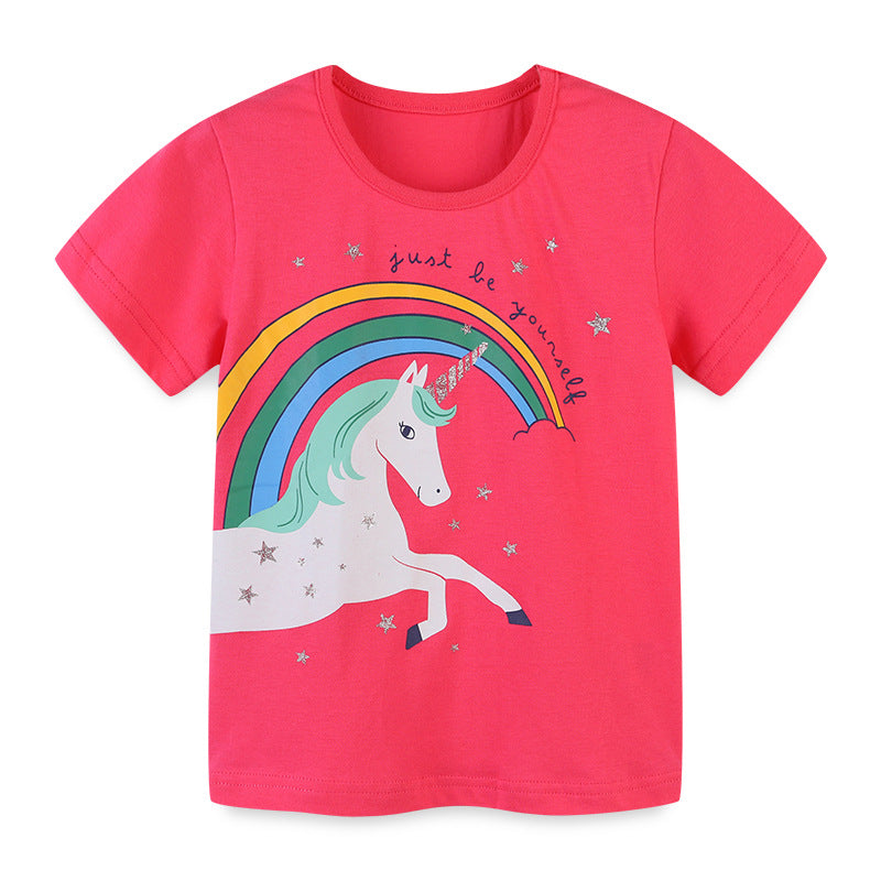 Boy T Shirt Knitted Cotton Girls T-shirt Short Sleeve round Neck Children Cartoon Printed Short Sleeve