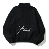 Rhude Hoodie Autumn Winter Retro Stand Collar Half Zip Logo Embroidery Stitching Polo Casual Sweatshirt