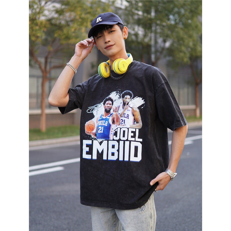 Basket Ball Star T Shirt Basketball Joel Embiid Washed Distressed T-shirt Short Sleeve Loose Retro