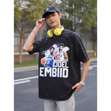 Basket Ball Star T Shirt Basketball Joel Embiid Washed Distressed T-shirt Short Sleeve Loose Retro