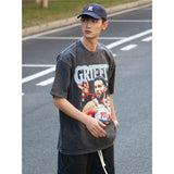 Basket Ball Star T Shirt Basketball Short Sleeve Washed Distressed round Neck T-shirt Loose
