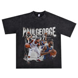 Basket Ball Star T Shirt Basketball Paul George Washed Distressed Printed T-Shirt Vintage Cotton Short Sleeve