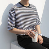 Mariner Shirt Striped Short-Sleeved T-shirt Cotton Summer round Neck Semi-Loose