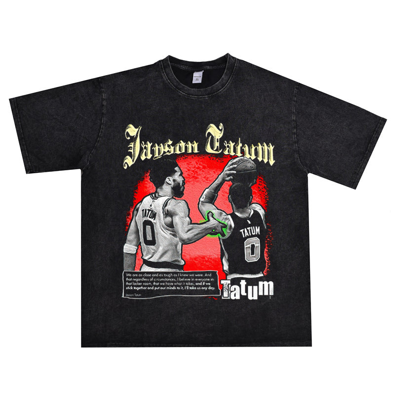 Basket Ball Star T Shirt Jayson Tatum Washed Distressed Printed T-Shirt Loose Retro Short Sleeve